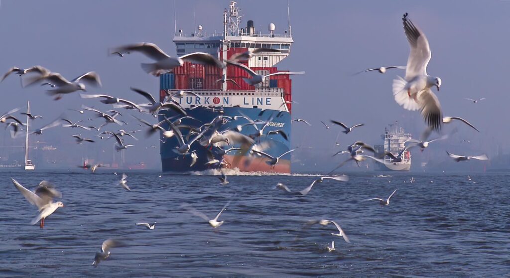 Looking astern in River Elbe after leaving Hamburg.
