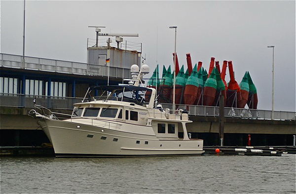 Venture II in Cuxhaven marina with marker buoys