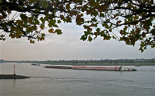 Double length barge on Rhine at Düsseldorf