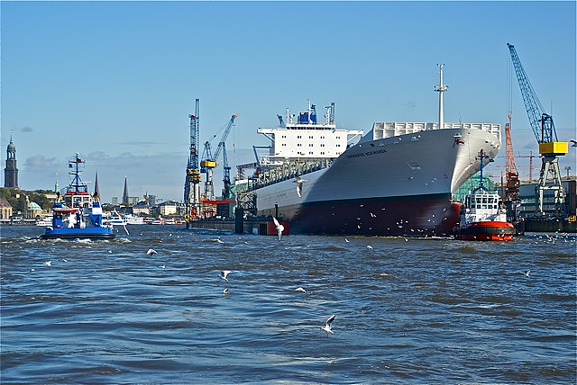 Ship leaving dry dock, River Elbe, Hamburg